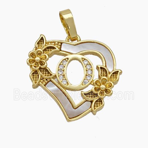 Copper Heart Pendant Pave Shell Zirconia Letter-O Flower 18K Gold Plated