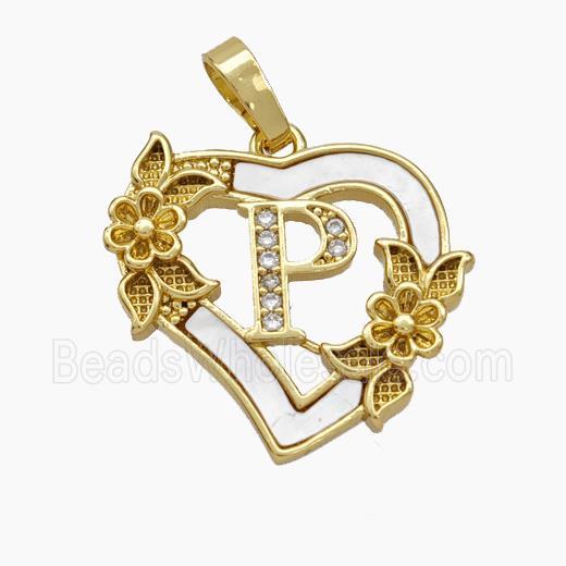 Copper Heart Pendant Pave Shell Zirconia Letter-P Flower 18K Gold Plated