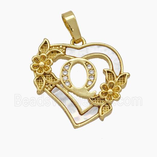 Copper Heart Pendant Pave Shell Zirconia Letter-Q Flower 18K Gold Plated