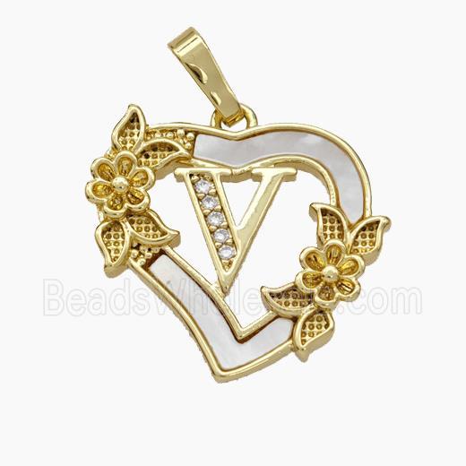 Copper Heart Pendant Pave Shell Zirconia Letter-V Flower 18K Gold Plated