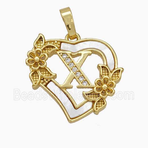 Copper Heart Pendant Pave Shell Zirconia Letter-X Flower 18K Gold Plated