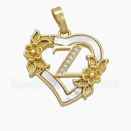 Copper Heart Pendant Pave Shell Zirconia Letter-X Flower 18K Gold Plated