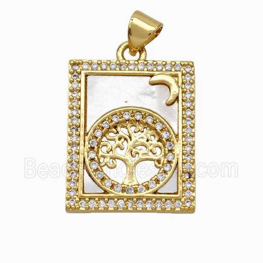 Copper Tarot Card Pendant Pave Shell Zirconia Tree Of Life 18K Gold Plated