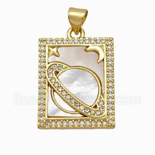 Copper Tarot Card Pendant Pave Shell Zirconia Planet Moon 18K Gold Plated