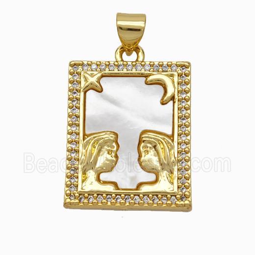 Copper Tarot Card Pendant Pave Shell Zirconia Zodiac Gemini 18K Gold Plated
