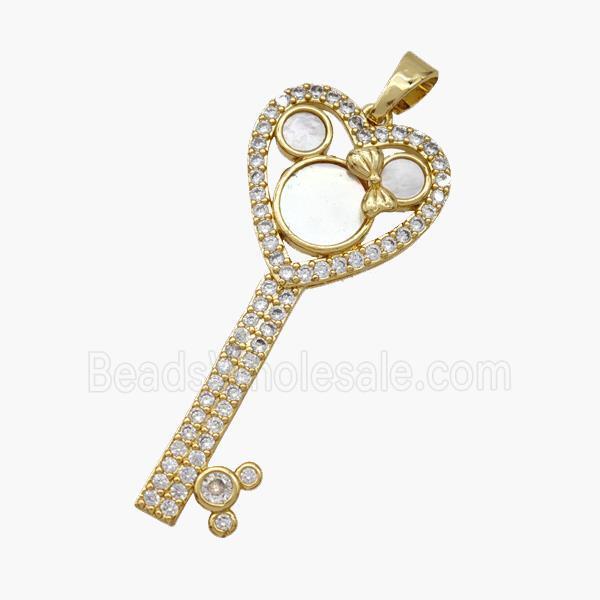 Copper Key Pendant Pave Shell Zirconia 18K Gold Plated