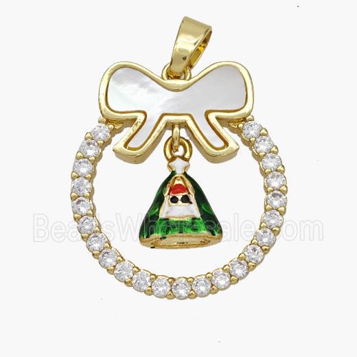 Christmas Bell Copper Bow Pendant Pave Shell Zirconia Painted 18K Gold Plated