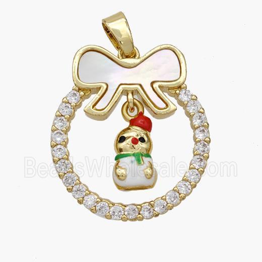 Christmas Snowman Copper Bow Pendant Pave Shell Zirconia Painted 18K Gold Plated