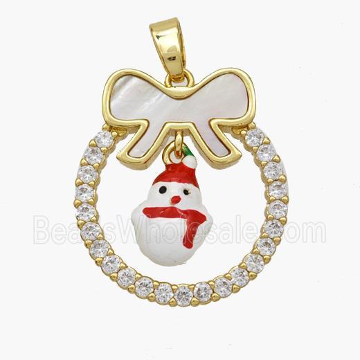 Christmas Snowman Copper Bow Pendant Pave Shell Zirconia Painted 18K Gold Plated