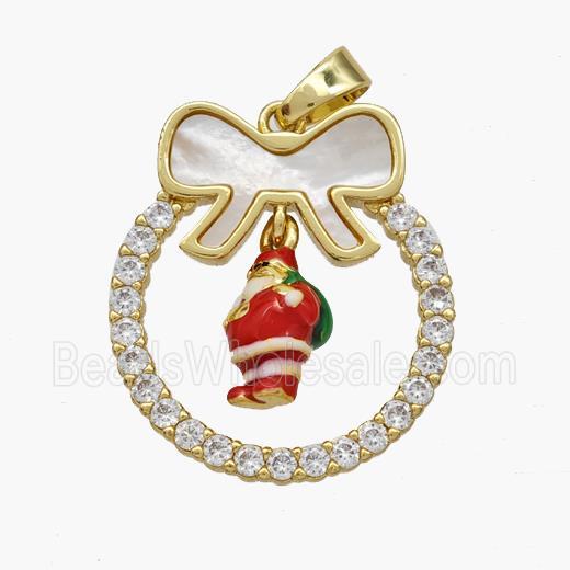 Christmas Santa Claus Copper Bow Pendant Pave Shell Zirconia Enamel 18K Gold Plated