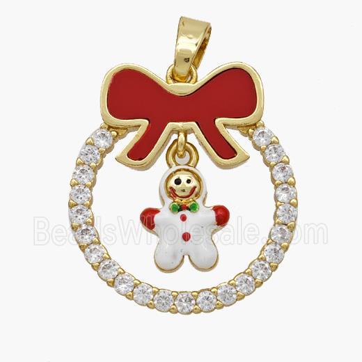 Christmas Snowman Copper Bow Pendant Pave Shell Zirconia Painted 18K Gold Plated