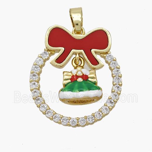 Christmas Hat Copper Bow Pendant Pave Shell Zirconia Painted 18K Gold Plated