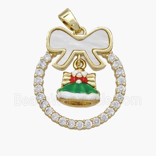 Christmas Hat Copper Bow Pendant Pave Shell Zirconia Painted 18K Gold Plated