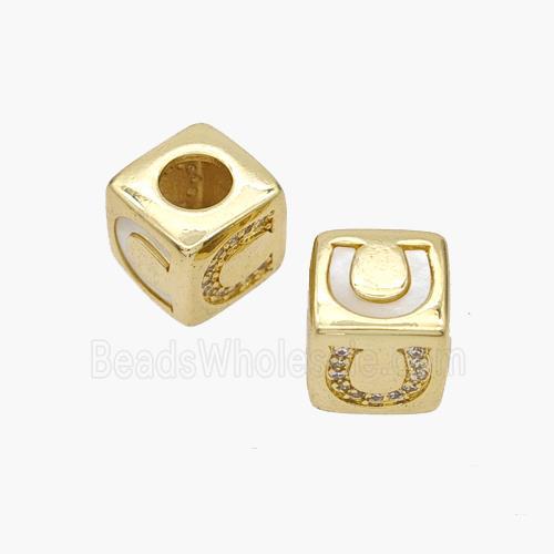 Copper Cube Beads Pave Shell Zirconia Horseshoe Large Hole 18K Gold Plated