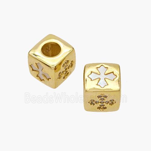 Copper Cube Beads Pave Shell Zirconia Cross Large Hole 18K Gold Plated