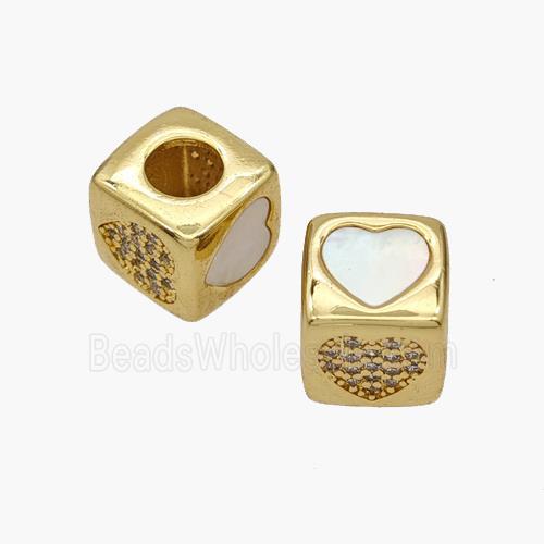 Copper Cube Beads Pave Shell Zirconia Heart Large Hole 18K Gold Plated