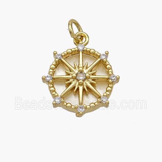 Copper Compass Pendant Pave Shell Gold Plated