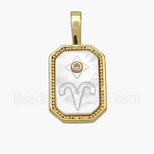 Copper Rectangle Pendant Pave Shell Zodiac Aries 18K Gold Plated