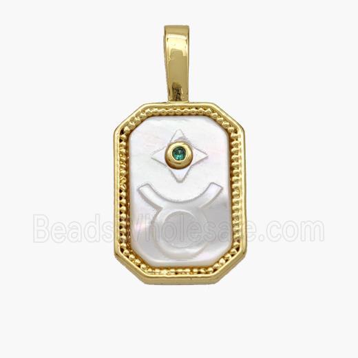 Copper Rectangle Pendant Pave Shell Zodiac Taurus 18K Gold Plated
