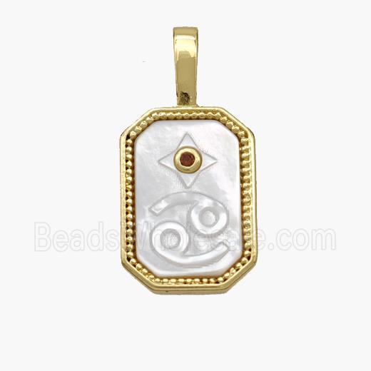 Copper Rectangle Pendant Pave Shell Zodiac Cancer 18K Gold Plated