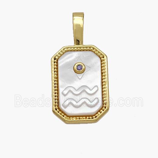 Copper Rectangle Pendant Pave Shell Zodiac Aquarius 18K Gold Plated