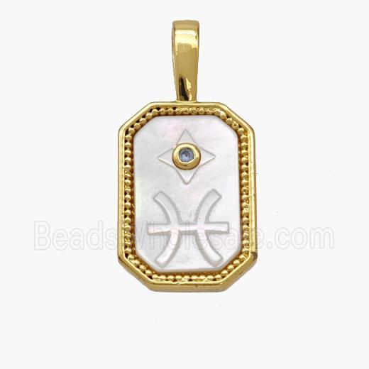 Copper Rectangle Pendant Pave Shell Zodiac Pisces 18K Gold Plated