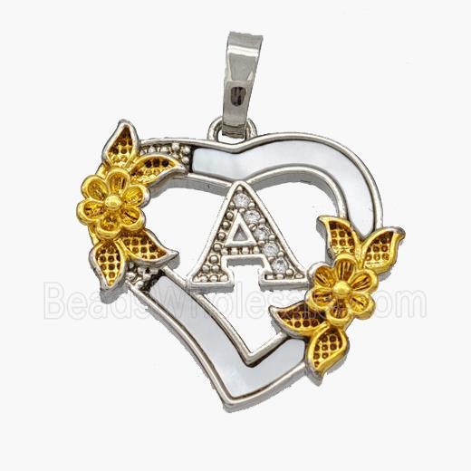 Copper Heart Pendant Pave Shell Zirconia Letter-A Platinum Plated 18K Gold Flower