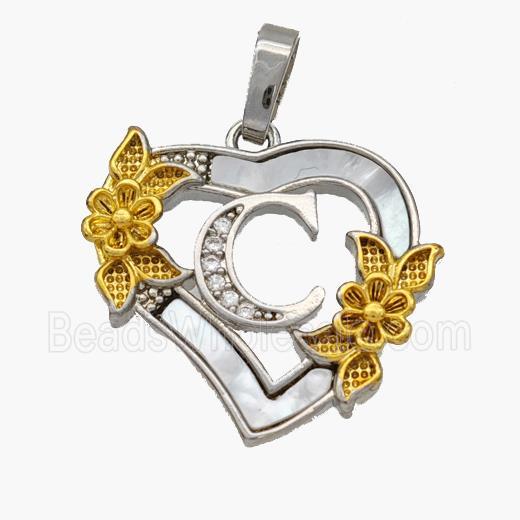Copper Heart Pendant Pave Shell Zirconia Letter-C Platinum Plated 18K Gold Flower