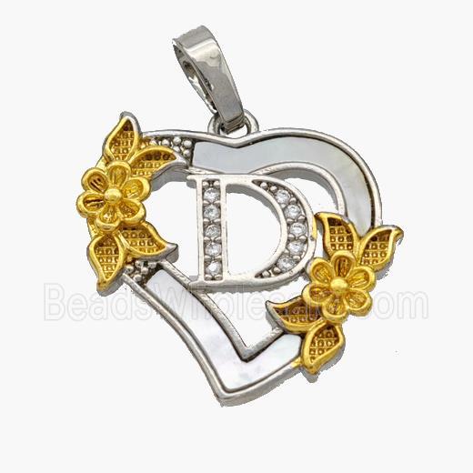 Copper Heart Pendant Pave Shell Zirconia Letter-D Platinum Plated 18K Gold Flower