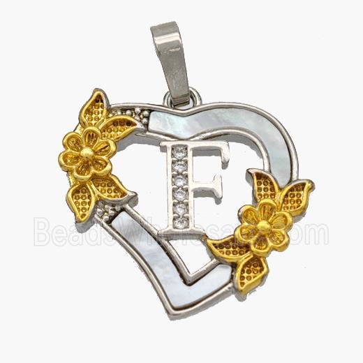 Copper Heart Pendant Pave Shell Zirconia Letter-F Platinum Plated 18K Gold Flower