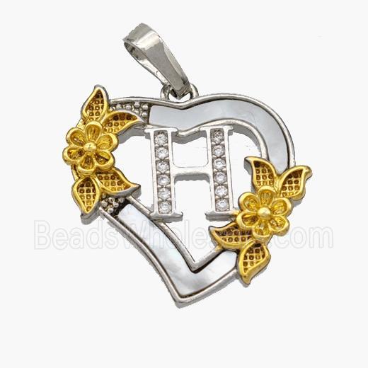 Copper Heart Pendant Pave Shell Zirconia Letter-H Platinum Plated 18K Gold Flower
