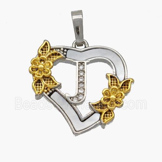 Copper Heart Pendant Pave Shell Zirconia Letter-J Platinum Plated 18K Gold Flower