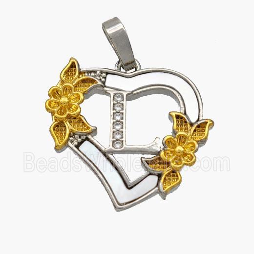 Copper Heart Pendant Pave Shell Zirconia Letter-L Platinum Plated 18K Gold Flower