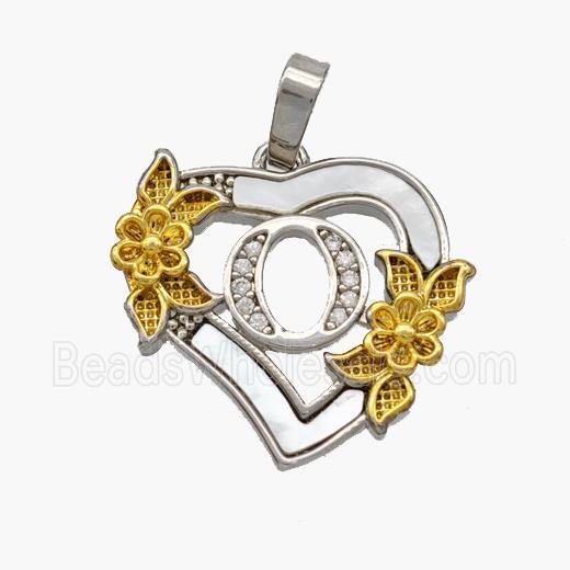 Copper Heart Pendant Pave Shell Zirconia Letter-O Platinum Plated 18K Gold Flower