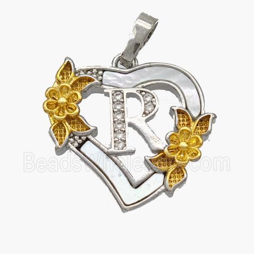 Copper Heart Pendant Pave Shell Zirconia Letter-R Platinum Plated 18K Gold Flower