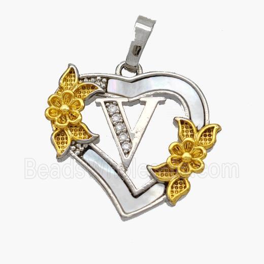 Copper Heart Pendant Pave Shell Zirconia Letter-V Platinum Plated 18K Gold Flower