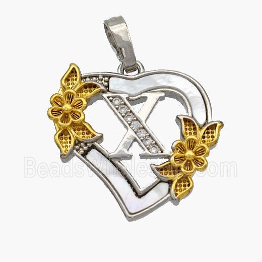 Copper Heart Pendant Pave Shell Zirconia Letter-X Platinum Plated 18K Gold Flower