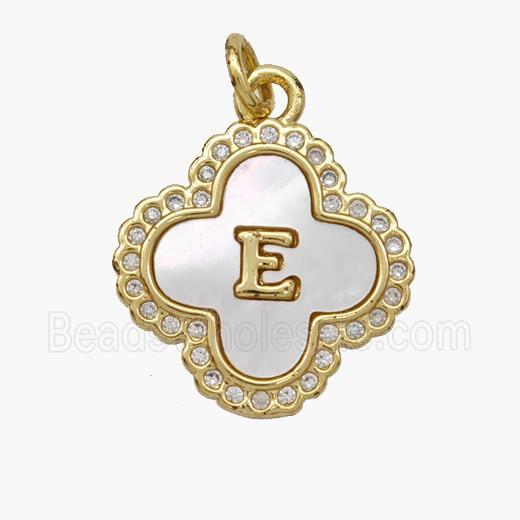 Copper Clover Pendant Pave Shell Zirconia Letter-E 18K Gold Plated