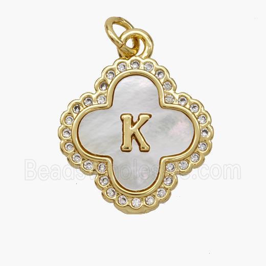 Copper Clover Pendant Pave Shell Zirconia Letter-K 18K Gold Plated