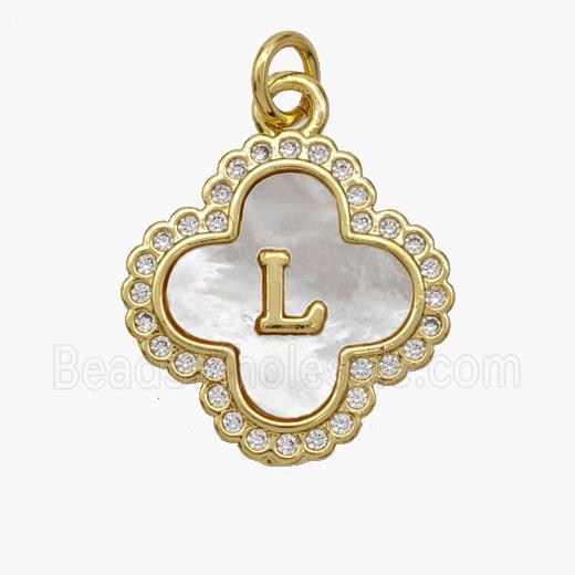 Copper Clover Pendant Pave Shell Zirconia Letter-L 18K Gold Plated