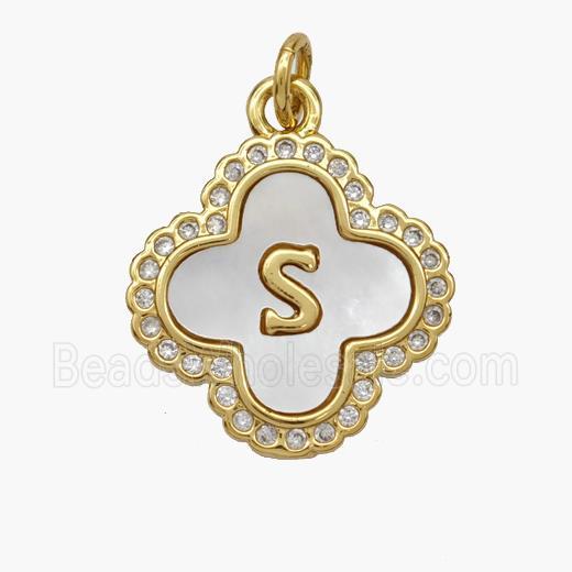 Copper Clover Pendant Pave Shell Zirconia Letter-S 18K Gold Plated