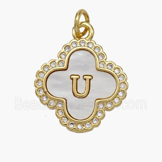 Copper Clover Pendant Pave Shell Zirconia Letter-U 18K Gold Plated