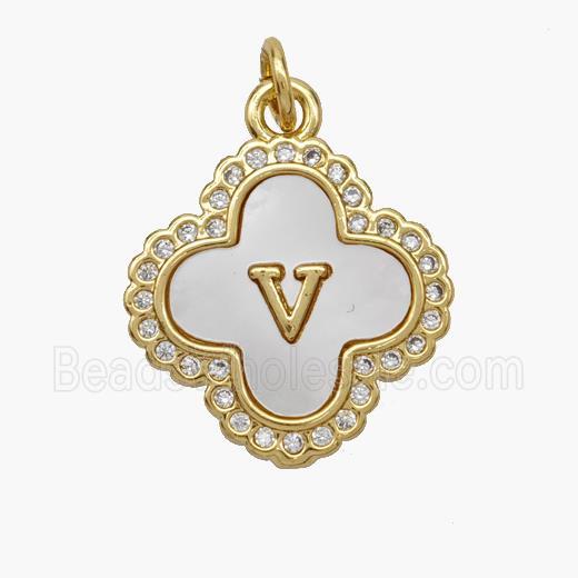 Copper Clover Pendant Pave Shell Zirconia Letter-V 18K Gold Plated
