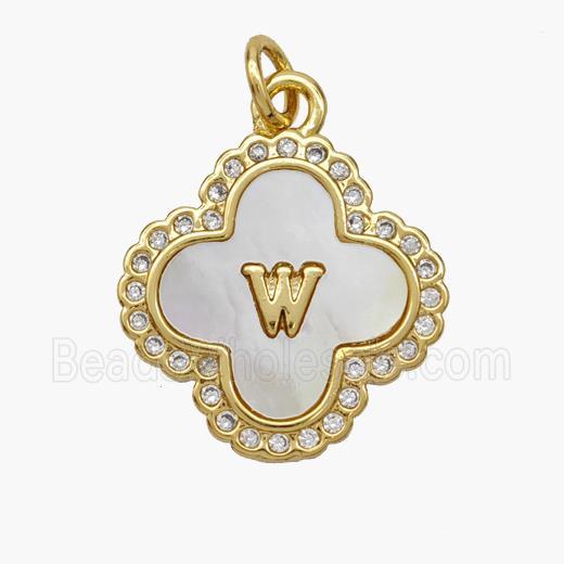 Copper Clover Pendant Pave Shell Zirconia Letter-W 18K Gold Plated