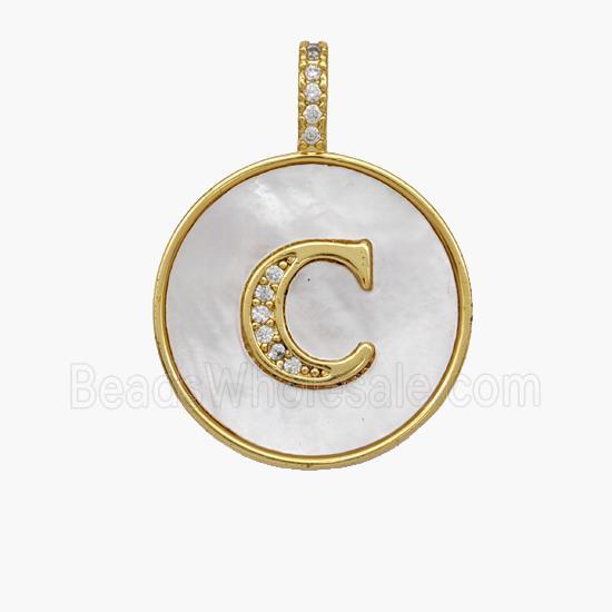Copper Letter-C Pendant Pave Shell Zirconia Circle 18K Gold Plated