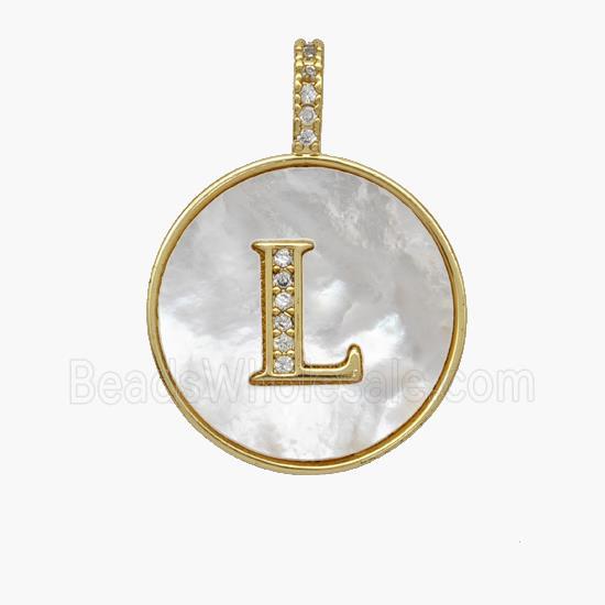Copper Letter-L Pendant Pave Shell Zirconia Circle 18K Gold Plated