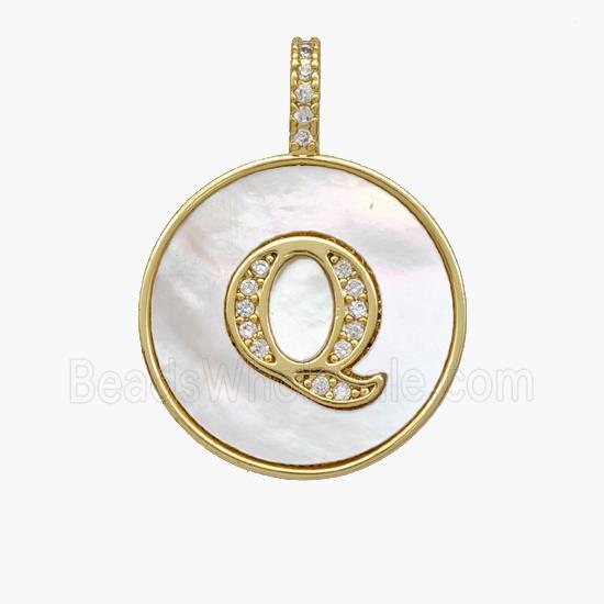 Copper Letter-Q Pendant Pave Shell Zirconia Circle 18K Gold Plated