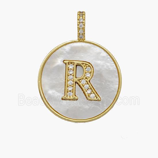Copper Letter-R Pendant Pave Shell Zirconia Circle 18K Gold Plated
