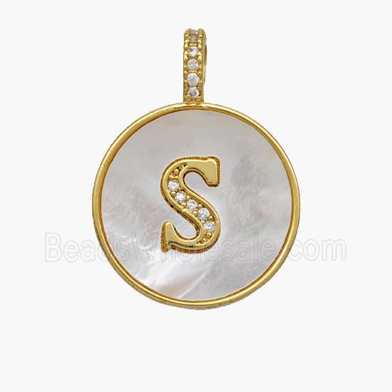 Copper Letter-S Pendant Pave Shell Zirconia Circle 18K Gold Plated