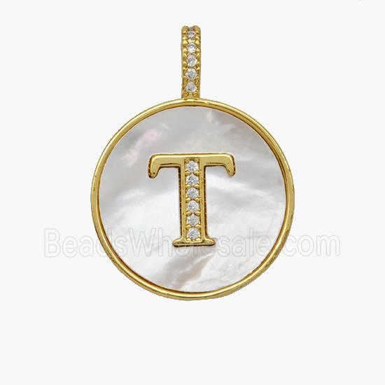 Copper Letter-T Pendant Pave Shell Zirconia Circle 18K Gold Plated